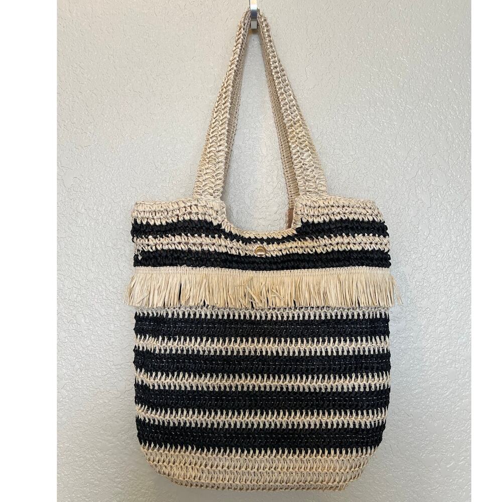 Boho Woven Fringe Shoulder Bag Beach Picnic Casual Bag Beige Black